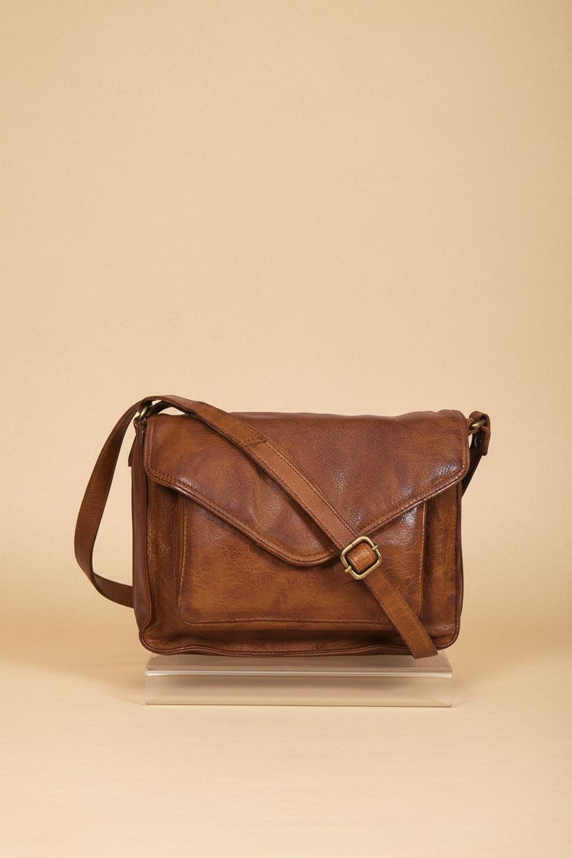 Product shot of Ozora vintage leather flapover crossbody purse on a clean editorial set.