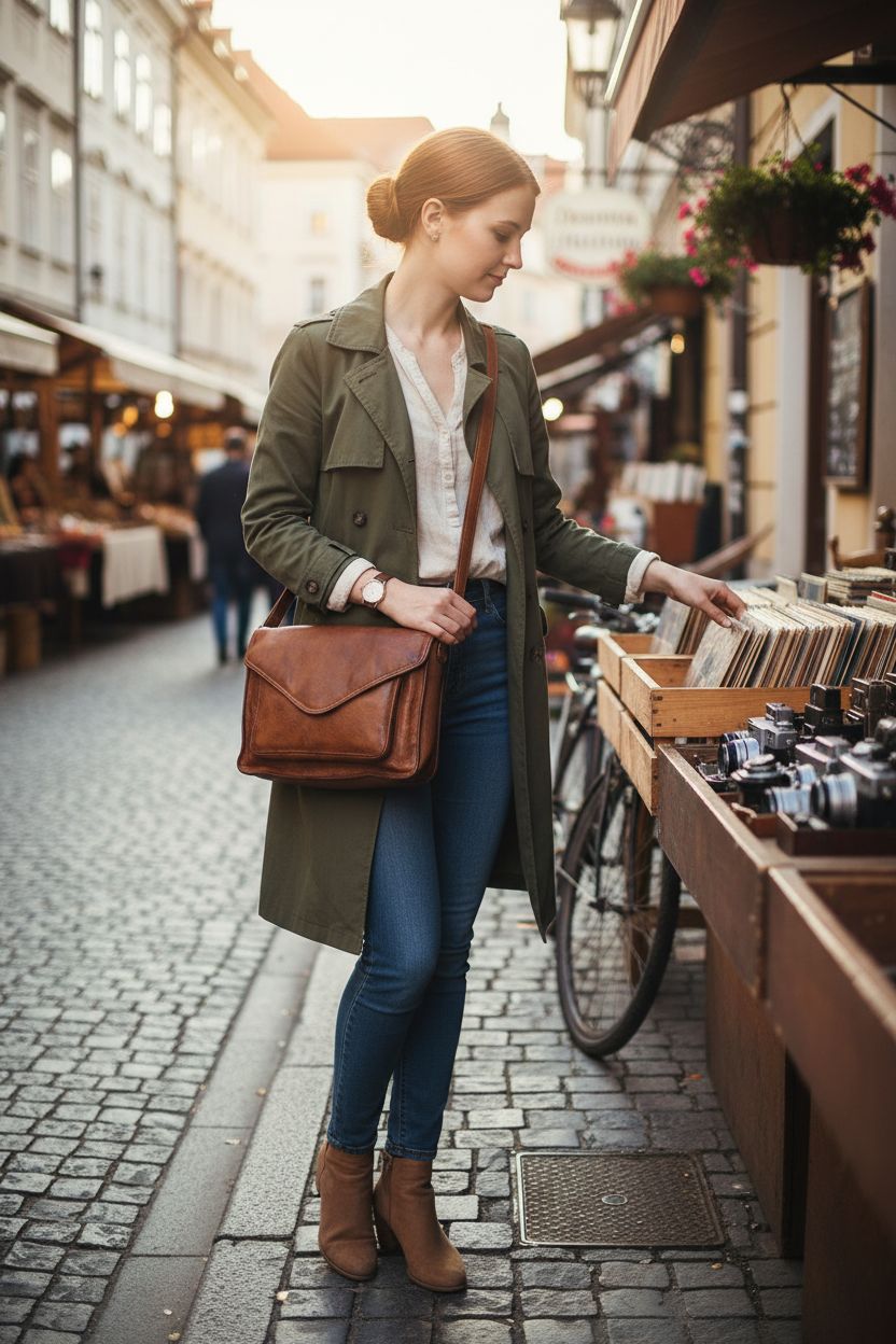 Vintage leather purse by Ozora in tan wash, styled with casual outfit at antique market.