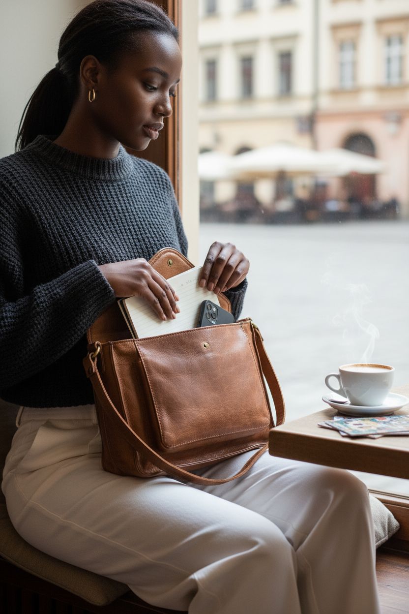 Ozora vintage leather crossbody purse resting on lap in cozy café setting, ready to use.