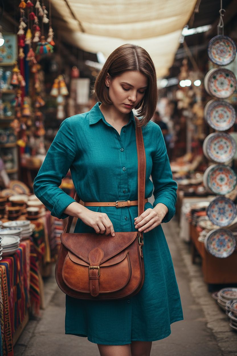 Handmade brown leather crossbody bag by Satchel And Fable in artisan mercado setting