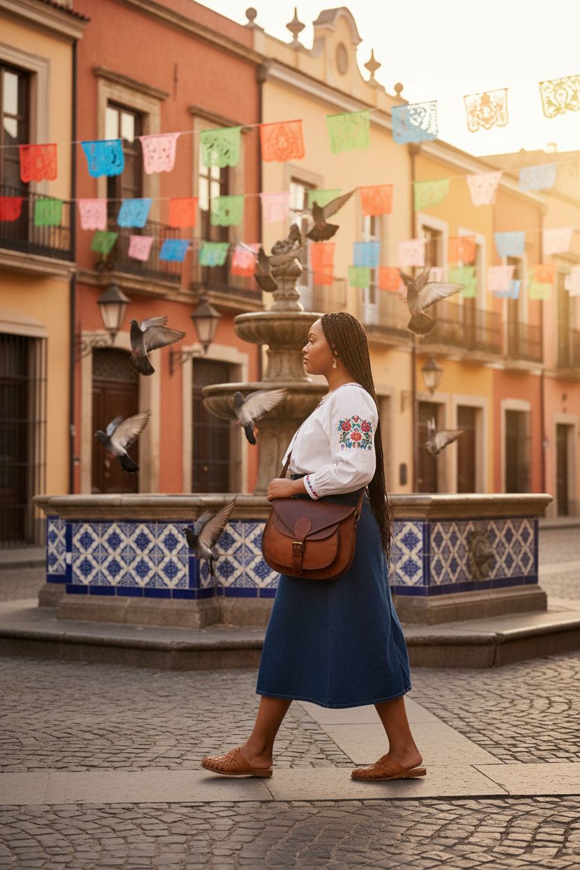 Rich brown leather satchel by Satchel And Fable worn with stylish outfit in sunny plaza