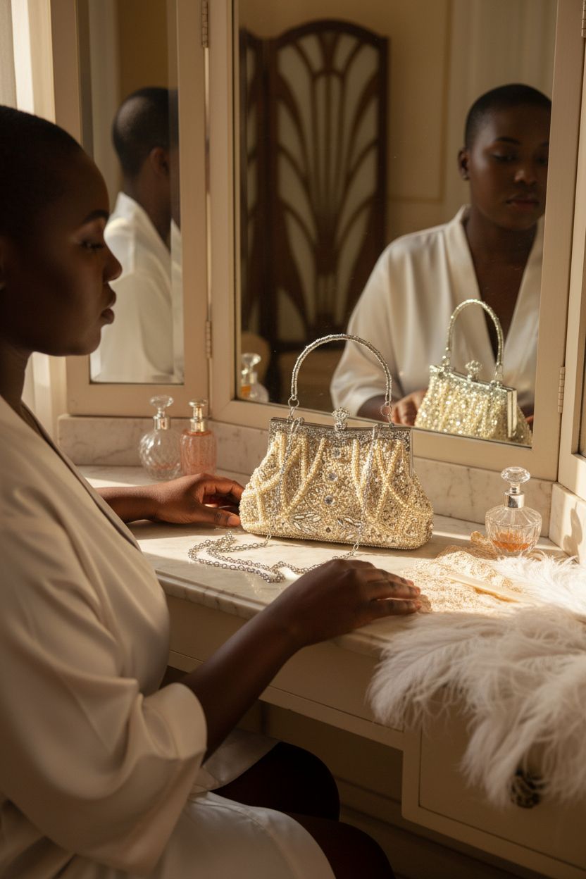 Elegant WRINGKIT champagne clutch purse displayed on a vintage vanity, highlighting exquisite beadwork.