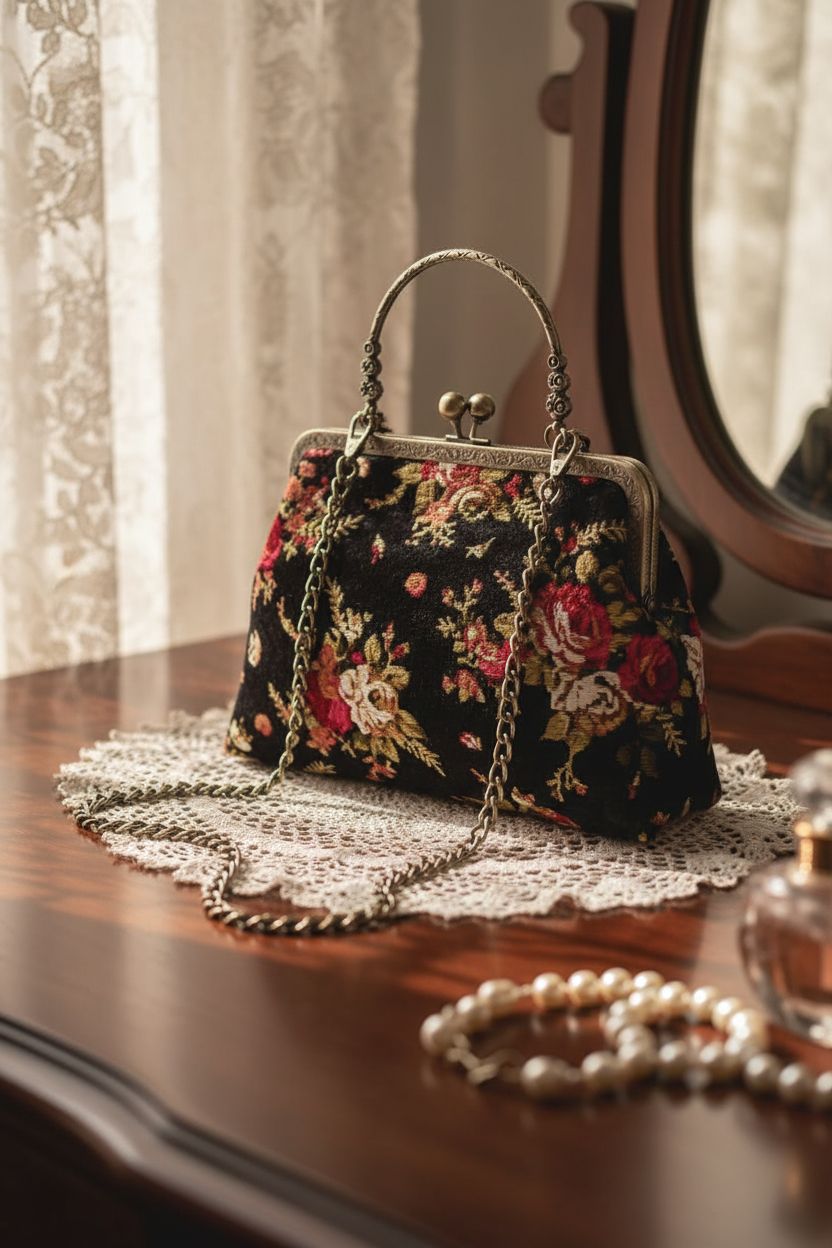 Abuyall vintage purse on a dark wood vanity with morning light ambiance.