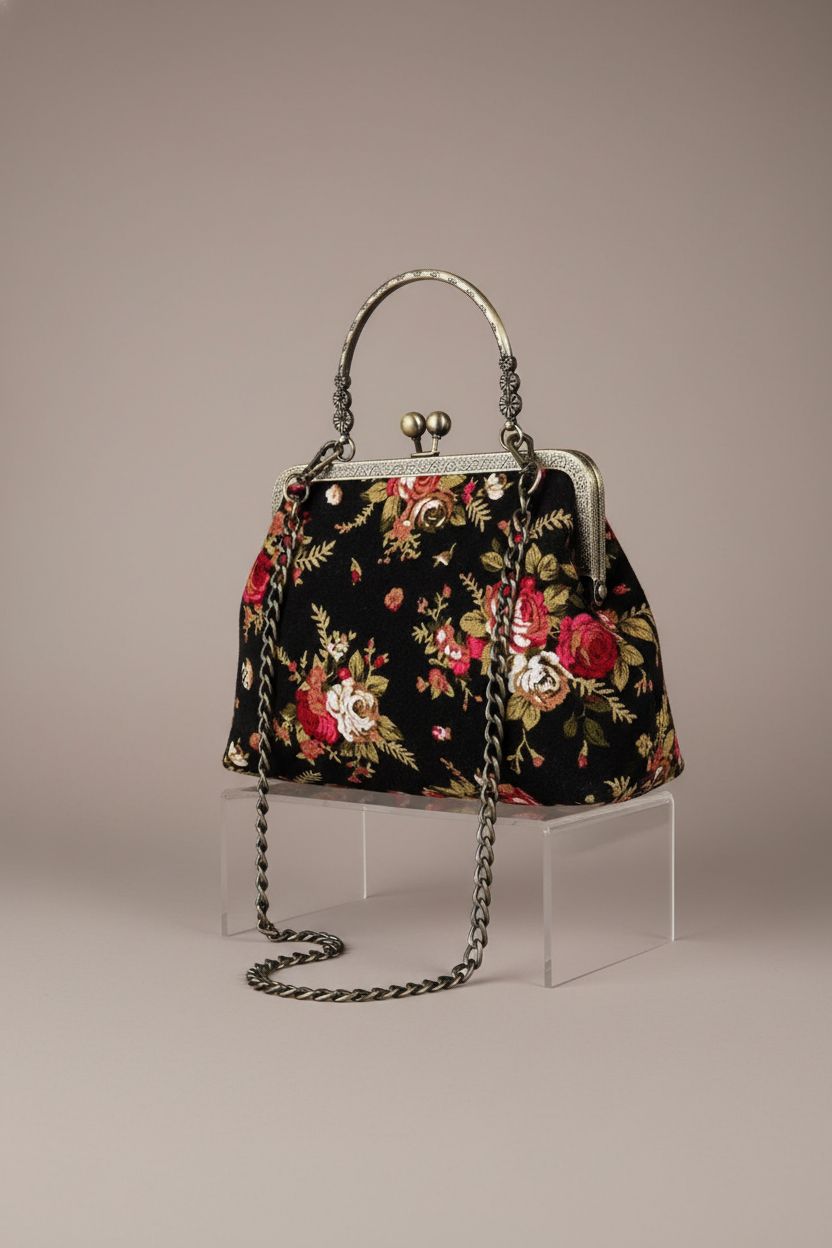 Abuyall vintage floral kiss lock purse showcased on a gray background.