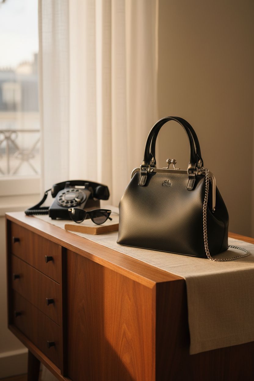 GM LIKKIE vintage handbag on a teak credenza in a cozy 1960s-inspired setting
