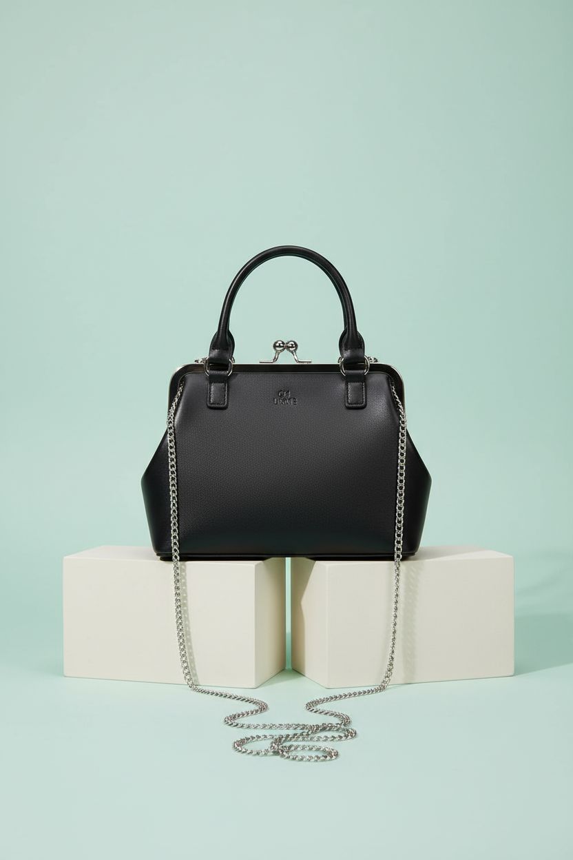 Product shot of GM LIKKIE vintage black kiss lock handbag on mint backdrop