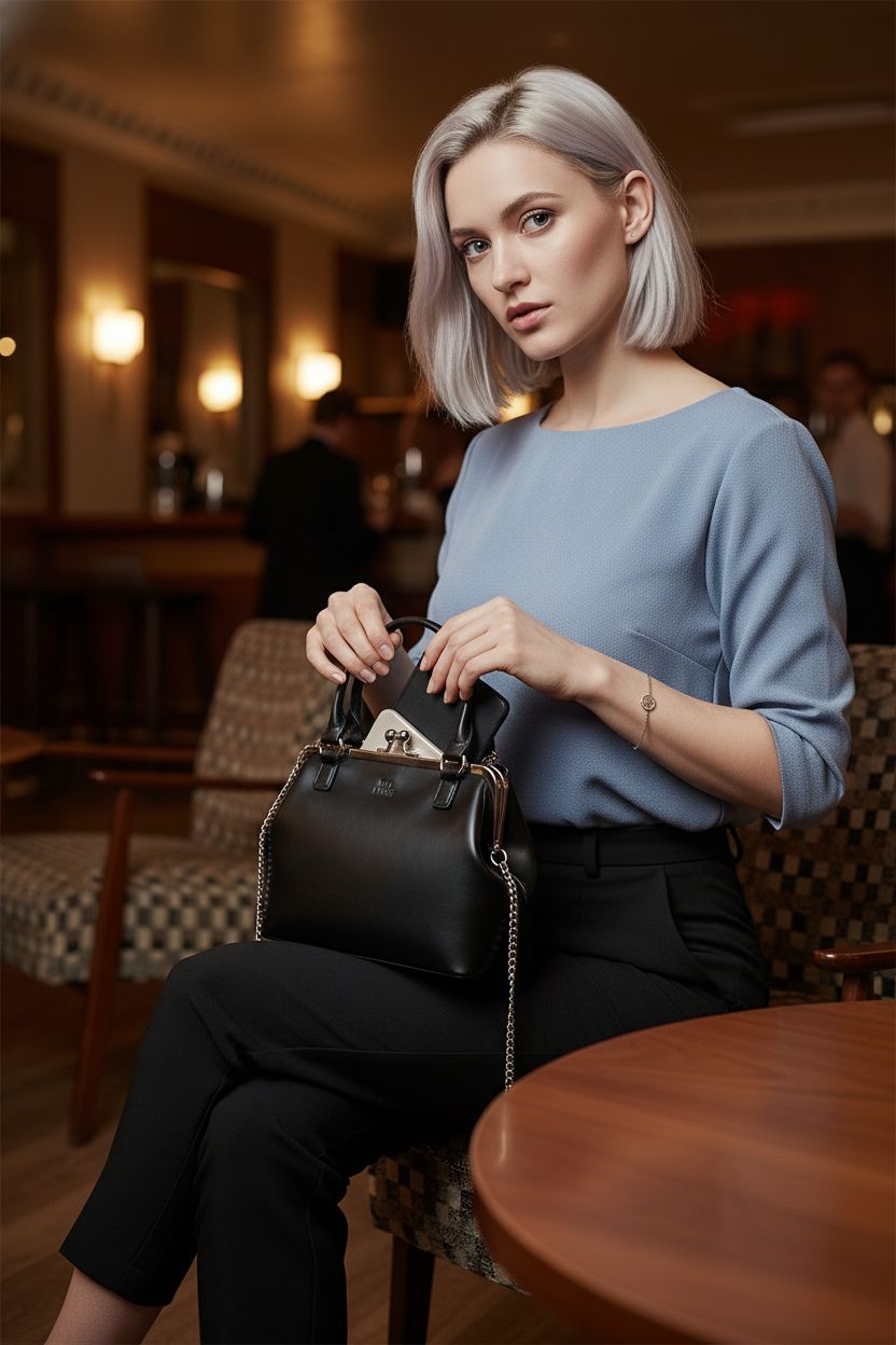 GM LIKKIE vintage black kiss lock purse on lap in a stylish mid-century lounge