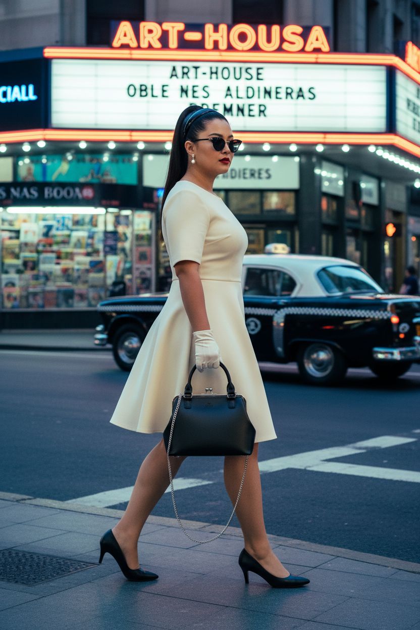 Vintage GM LIKKIE black purse contrasting with 1960s fashion outside cinema