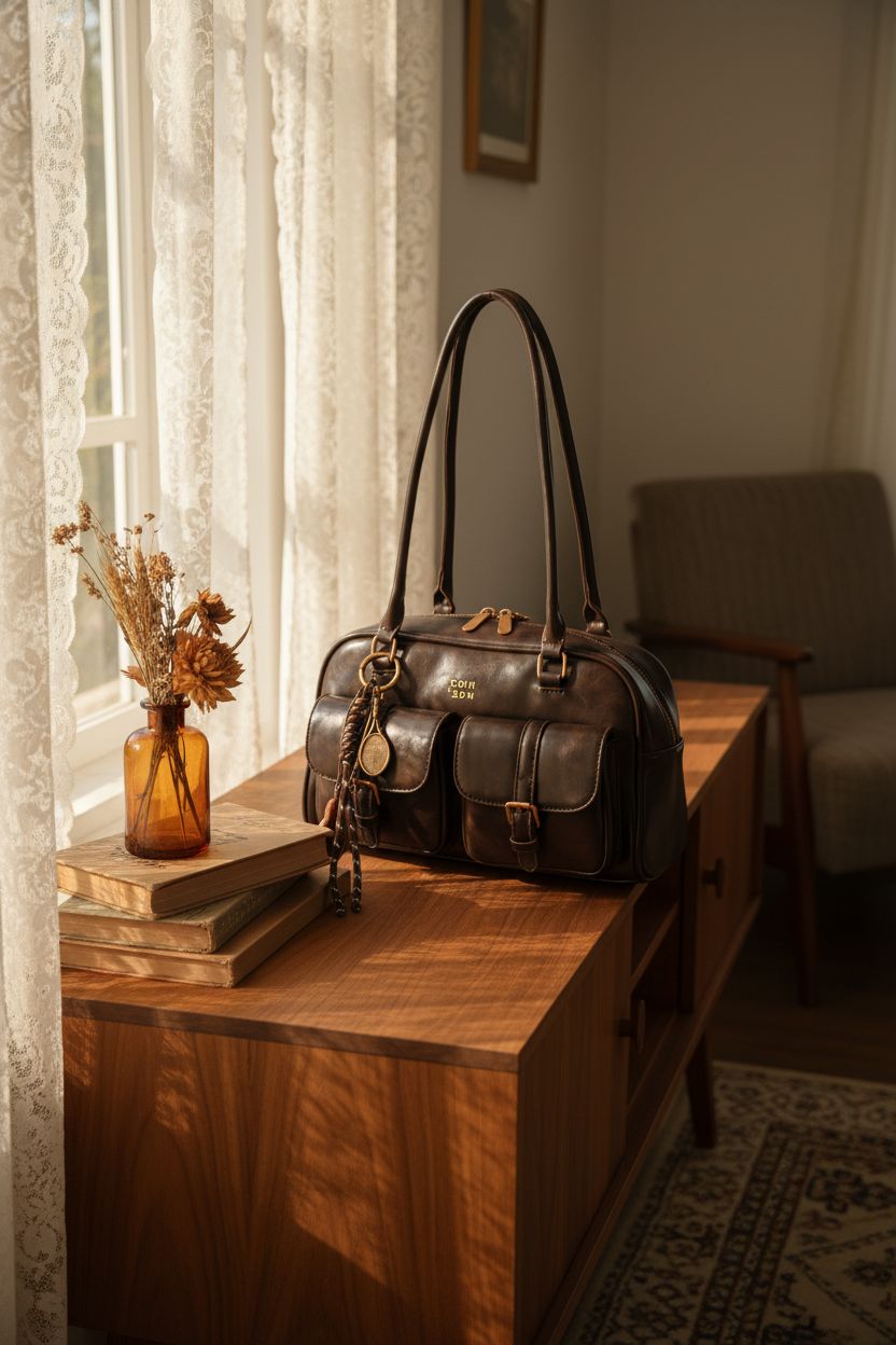 Cozy vintage purse by sunaeset resting on a teak credenza, showcasing its charm.