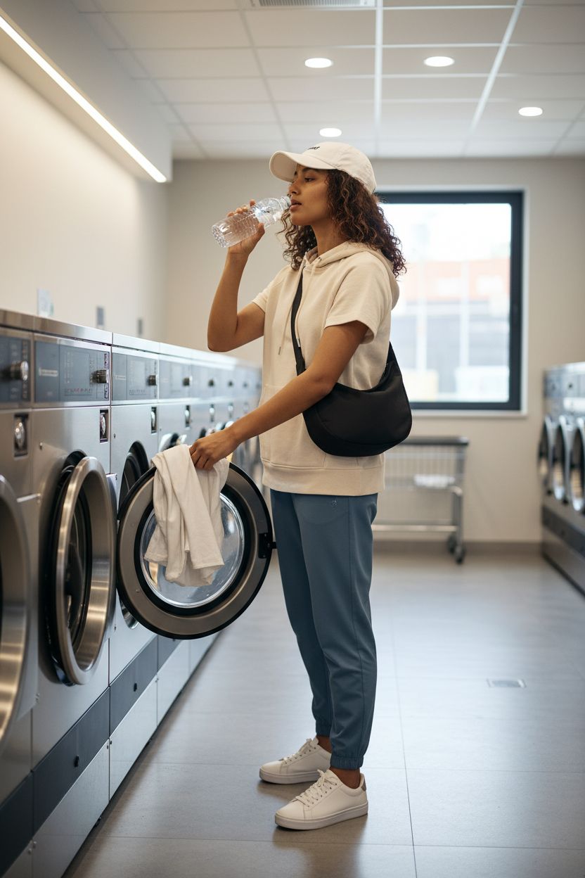Iioscre washable crossbody sling bag in a modern laundromat setting, stylish and lightweight.