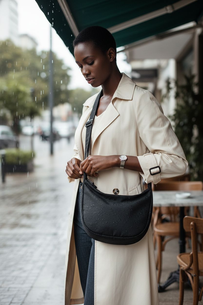 Iioscre crescent bag with double zippers on a post-rain sidewalk, showcasing its stylish design.