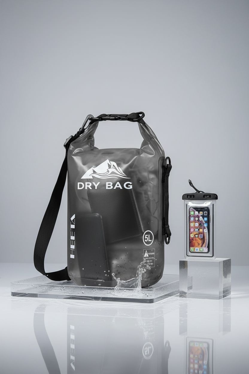 HEETA lightweight waterproof dry bag displayed in a studio with included phone case.