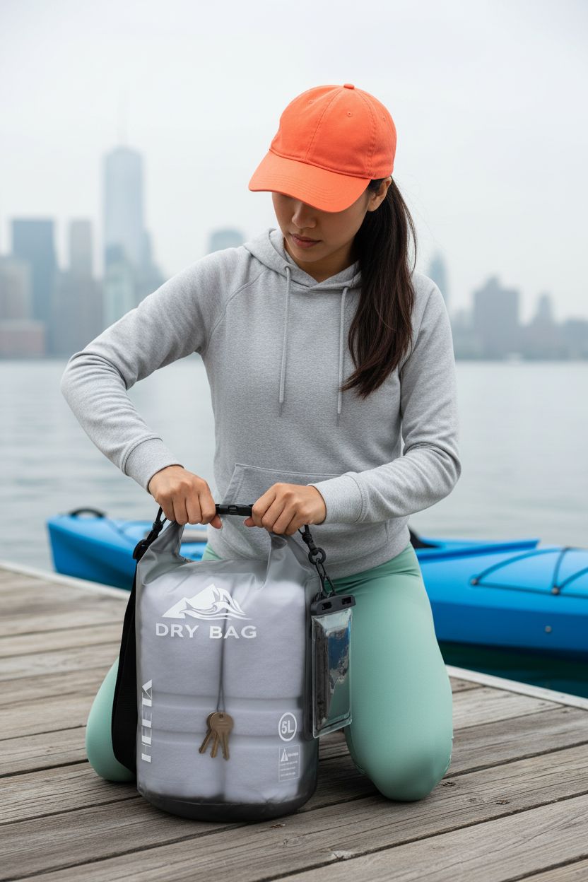 HEETA waterproof dry bag on a dock, showcasing its roll-top design and transparent material.