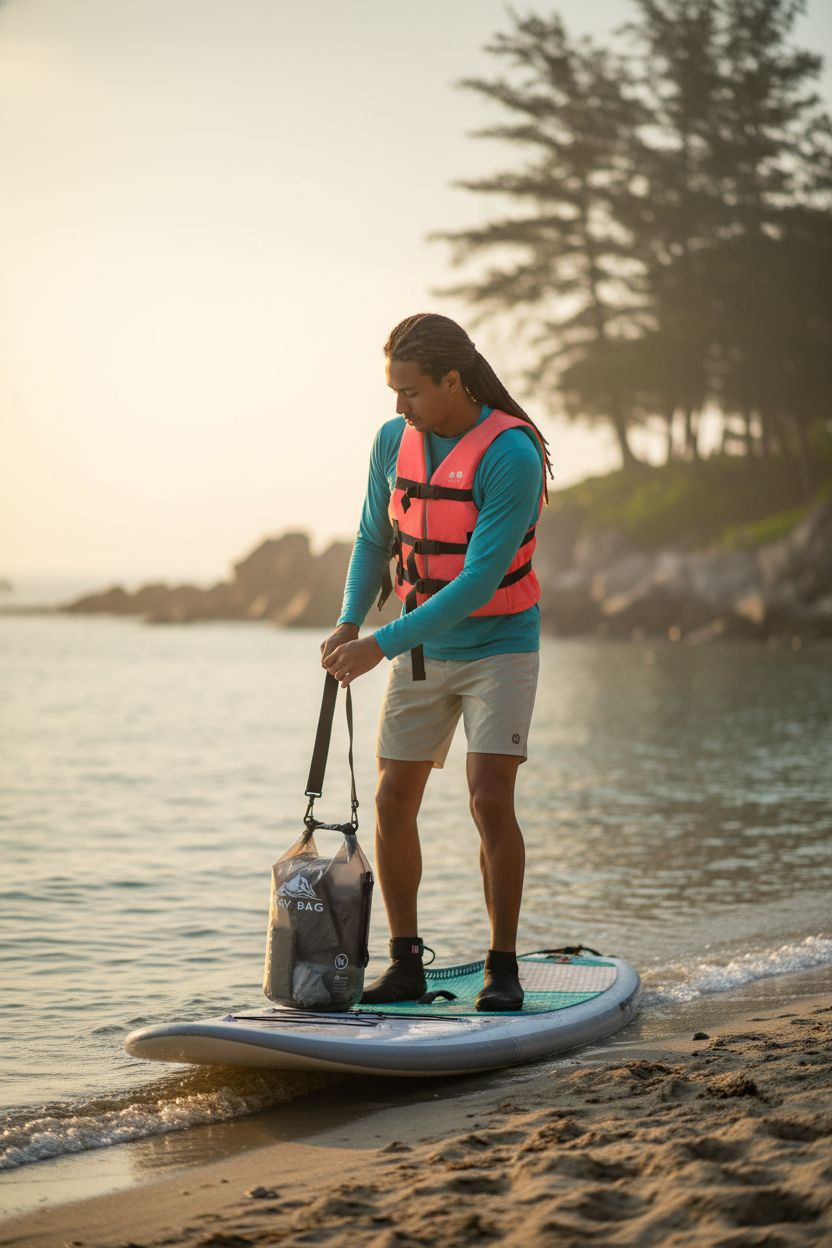 HEETA waterproof dry bag clipped to a paddleboard, perfect for water sports and beach outings.