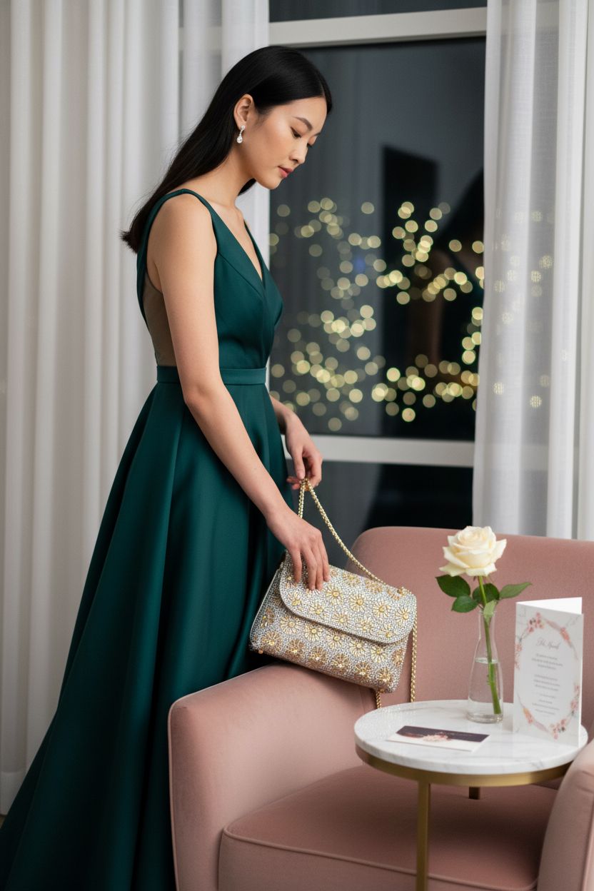 BBTT.ful evening bag displayed elegantly on a blush velvet chair.