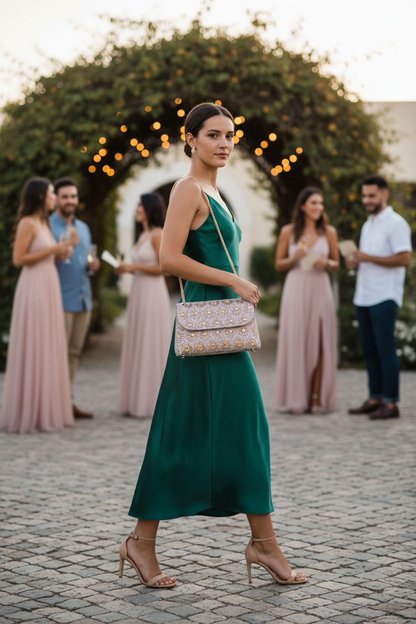 Champagne BBTT.ful rhinestone evening bag styled for wedding guests.