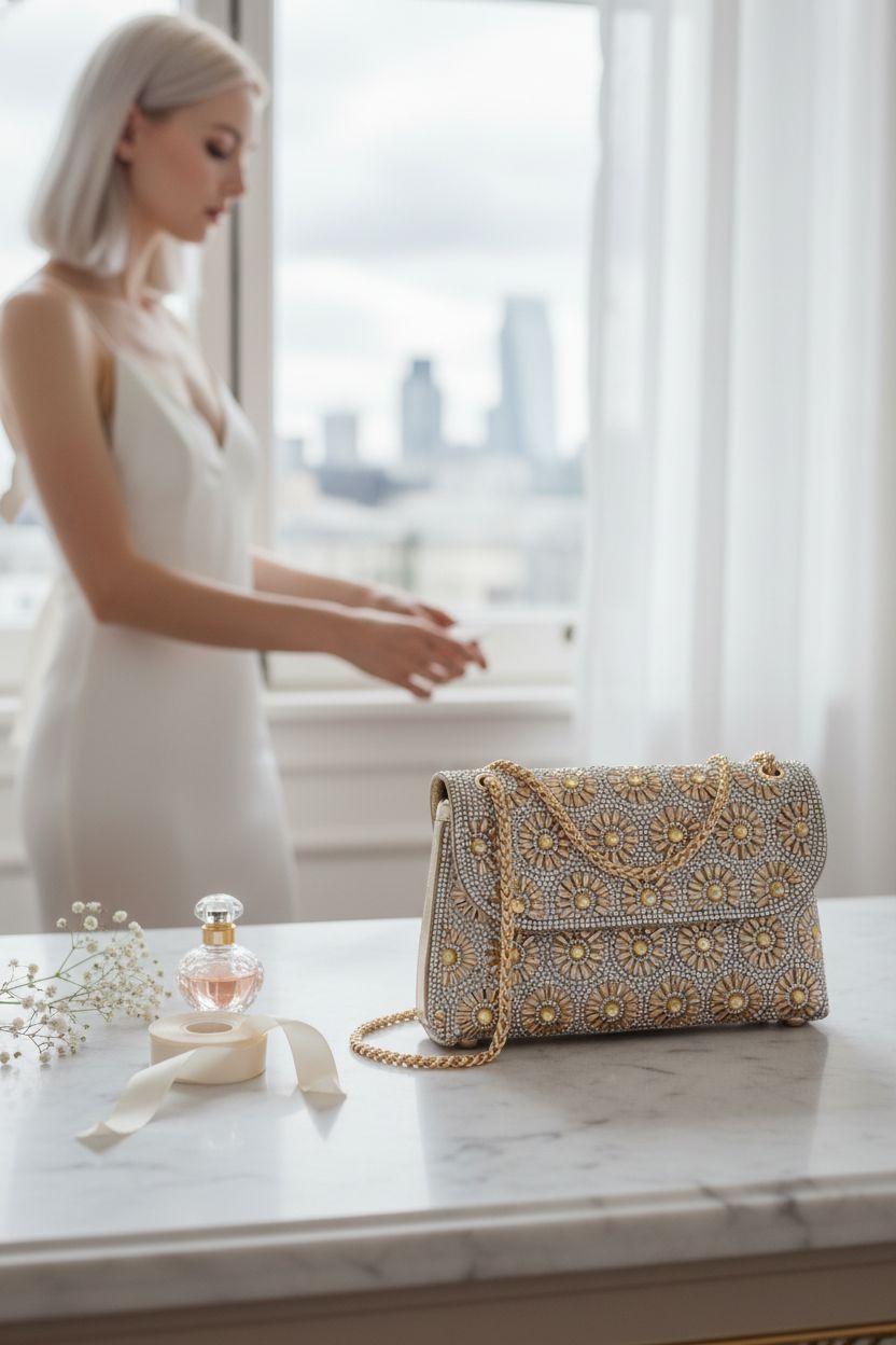 BBTT.ful wedding handbag resting elegantly on a marble vanity in a bridal suite