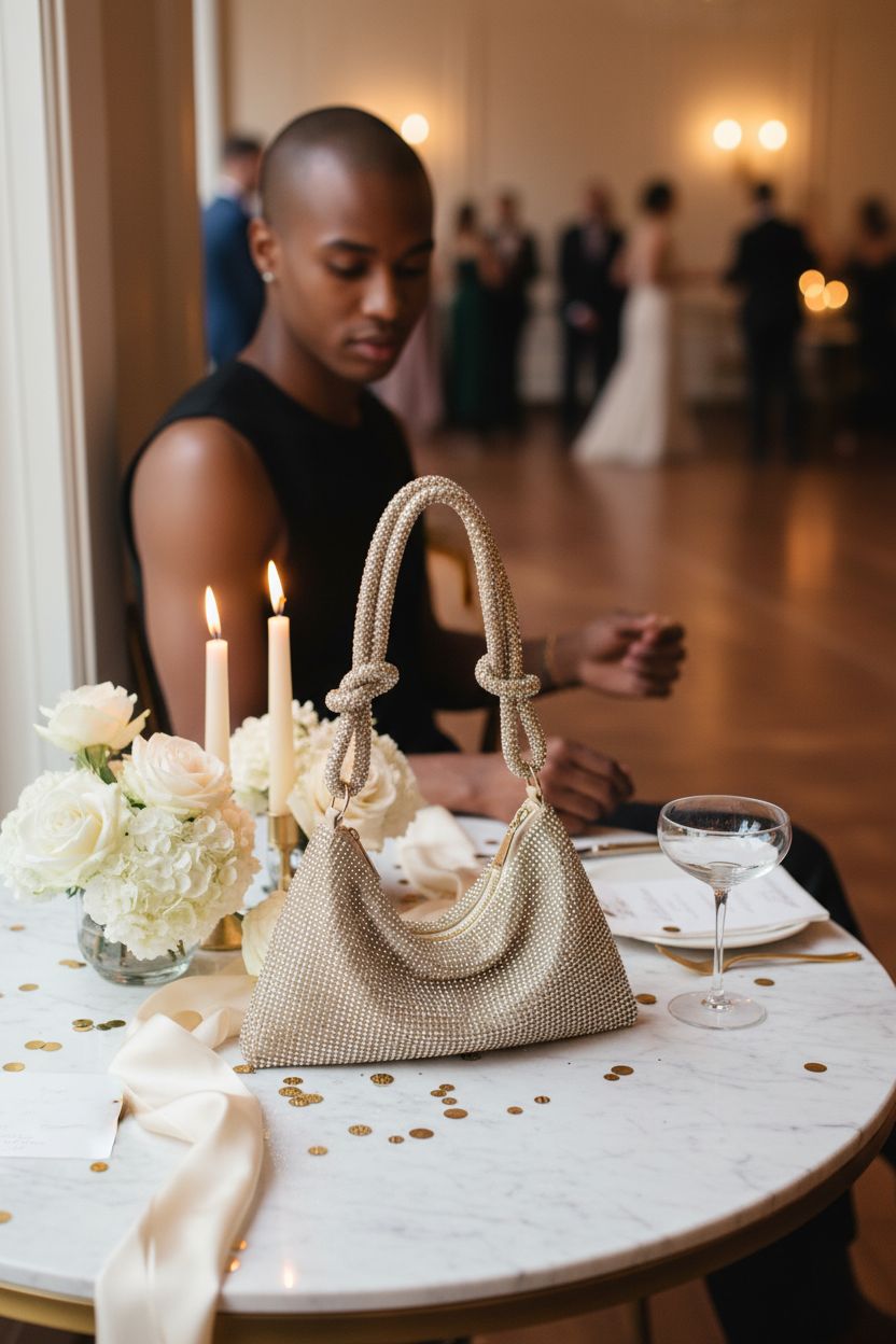 YUWITA gold rhinestone bag showcased on marble table with confetti and floral accents at reception.