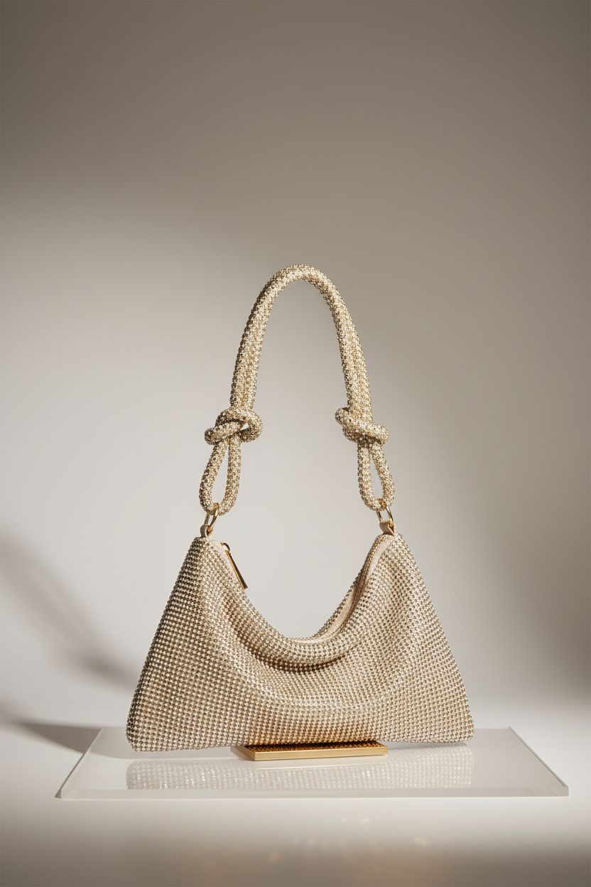 YUWITA gold rhinestone purse on clean studio set, highlighting its shape and sparkly design.