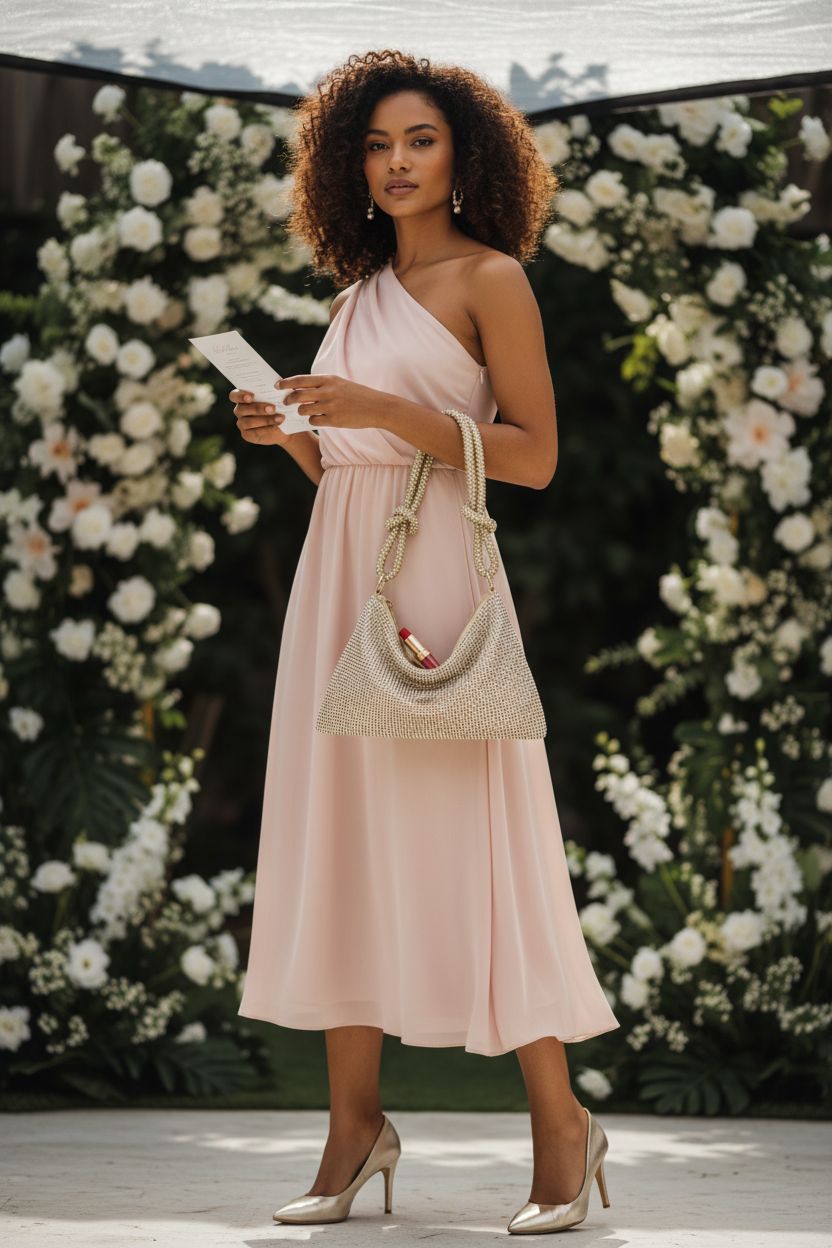 YUWITA gold rhinestone wedding purse resting at hip, soft blush dress, elegant outdoor setting.