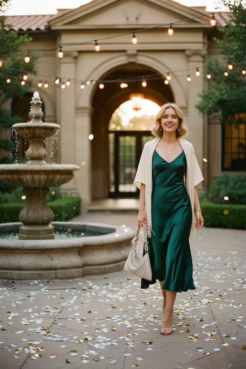 YUWITA gold rhinestone evening bag sparkling at side, deep emerald dress in outdoor wedding courtyard.