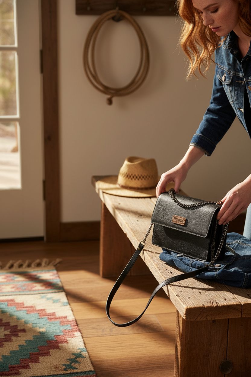 Black Wrangler bag on rustic bench with denim jacket and straw hat, embodying Western charm and style.
