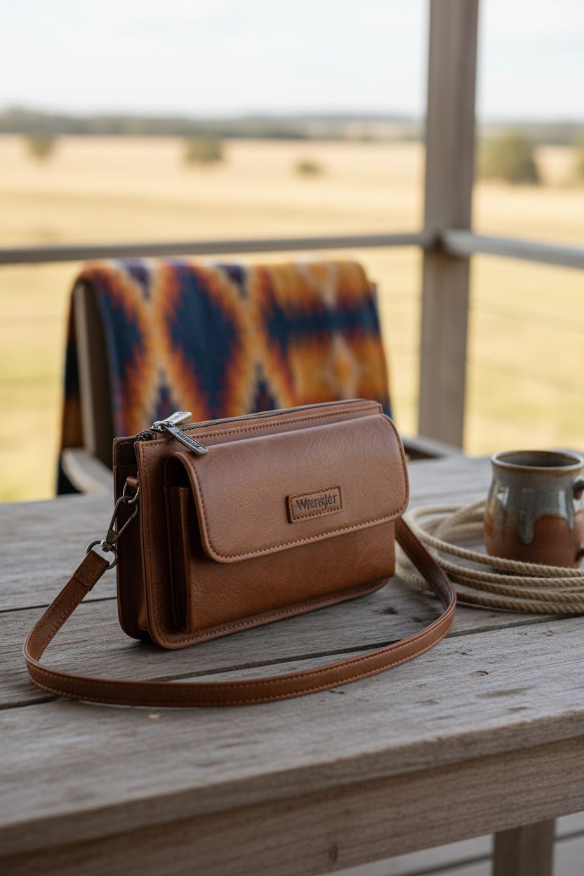Wrangler crossbody bag resting on a rustic ranch porch, evoking a cozy vibe.