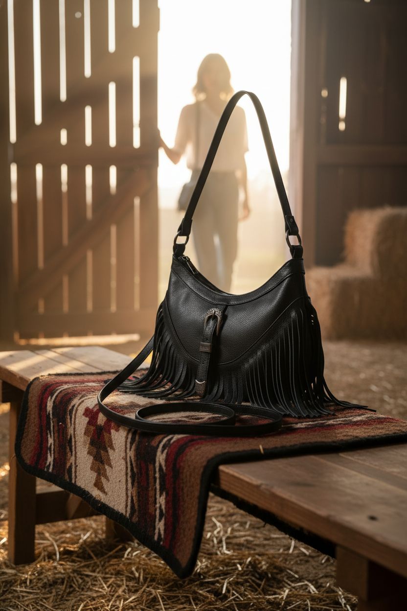 Sunwel Fashion Small Western Purse positioned on a rustic bench with a vintage saddle blanket.