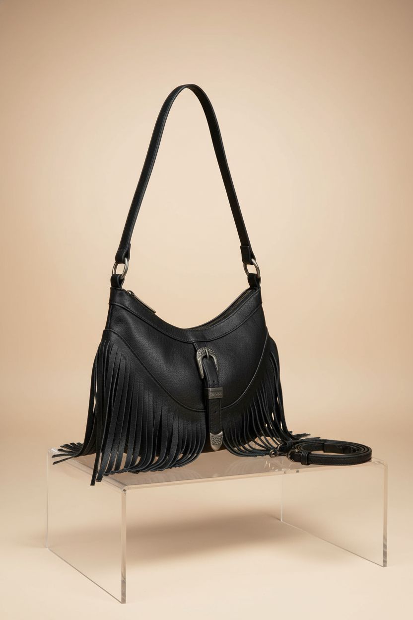 Sunwel Fashion Small Western Fringe Purse displayed elegantly on a minimal acrylic riser.
