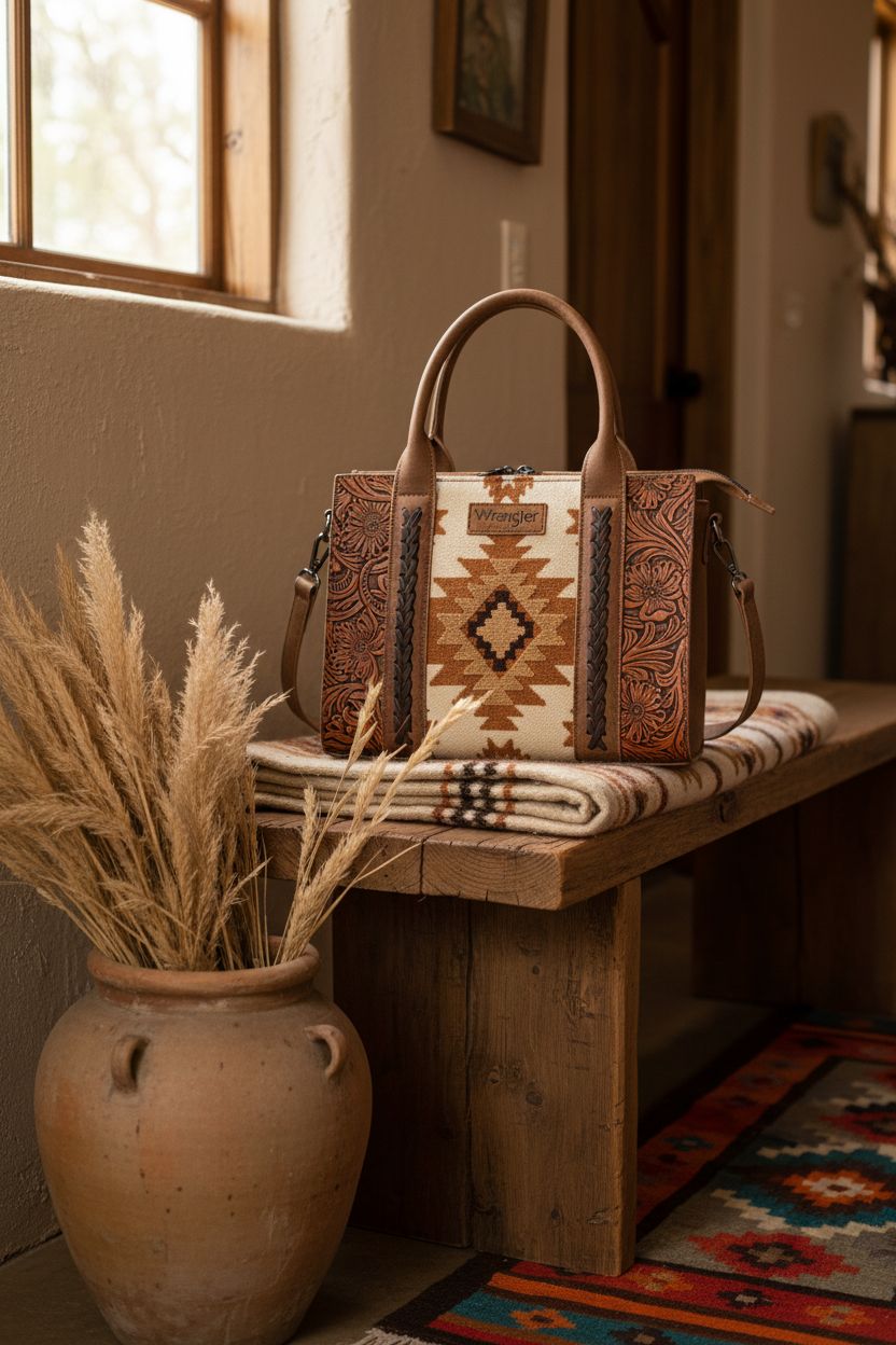 Montana West western tooled leather purse on ranch house entryway bench