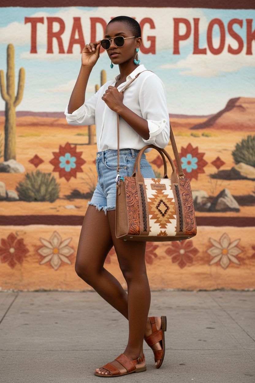 Montana West western tooled leather purse showcased against desert mural