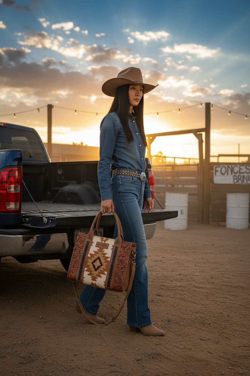 Montana West western tooled leather tote bag in rodeo setting at sunset