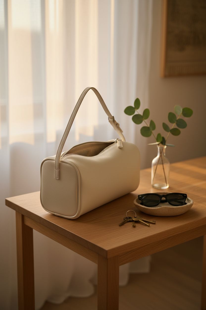 DONNAIN white leather crossbody purse on a cozy console, ideal for easy-access style.