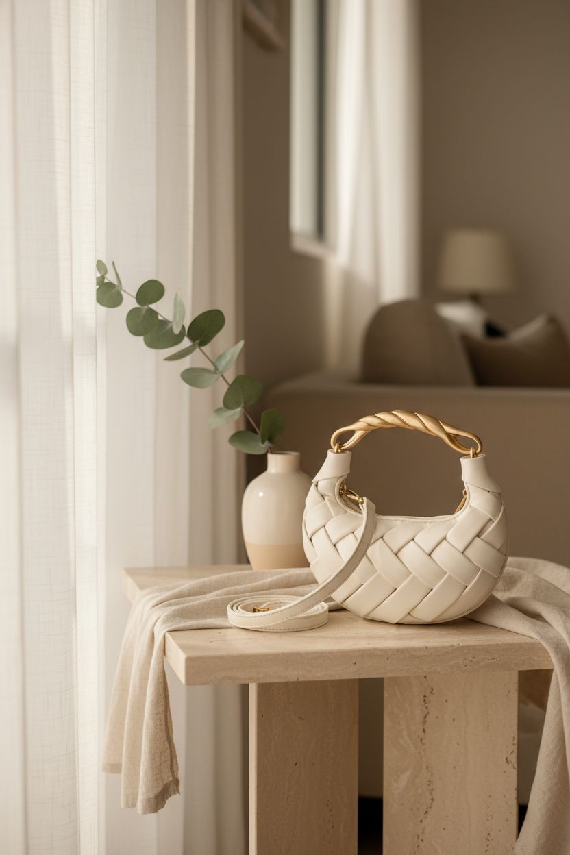 JW PEI Orla Weave Handbag resting elegantly in a sunlit, minimalist living room.