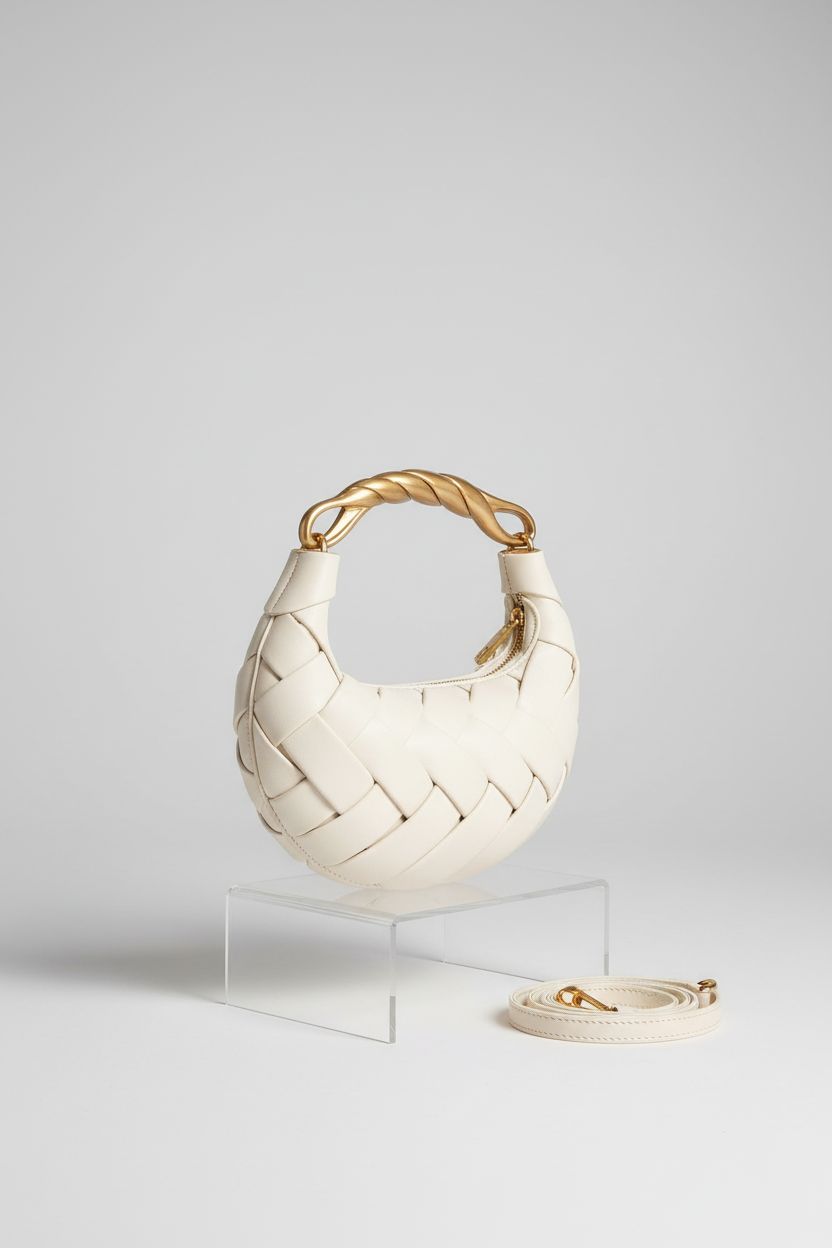 JW PEI Orla Weave Handbag displayed in studio, emphasizing its sleek design and gold accents.