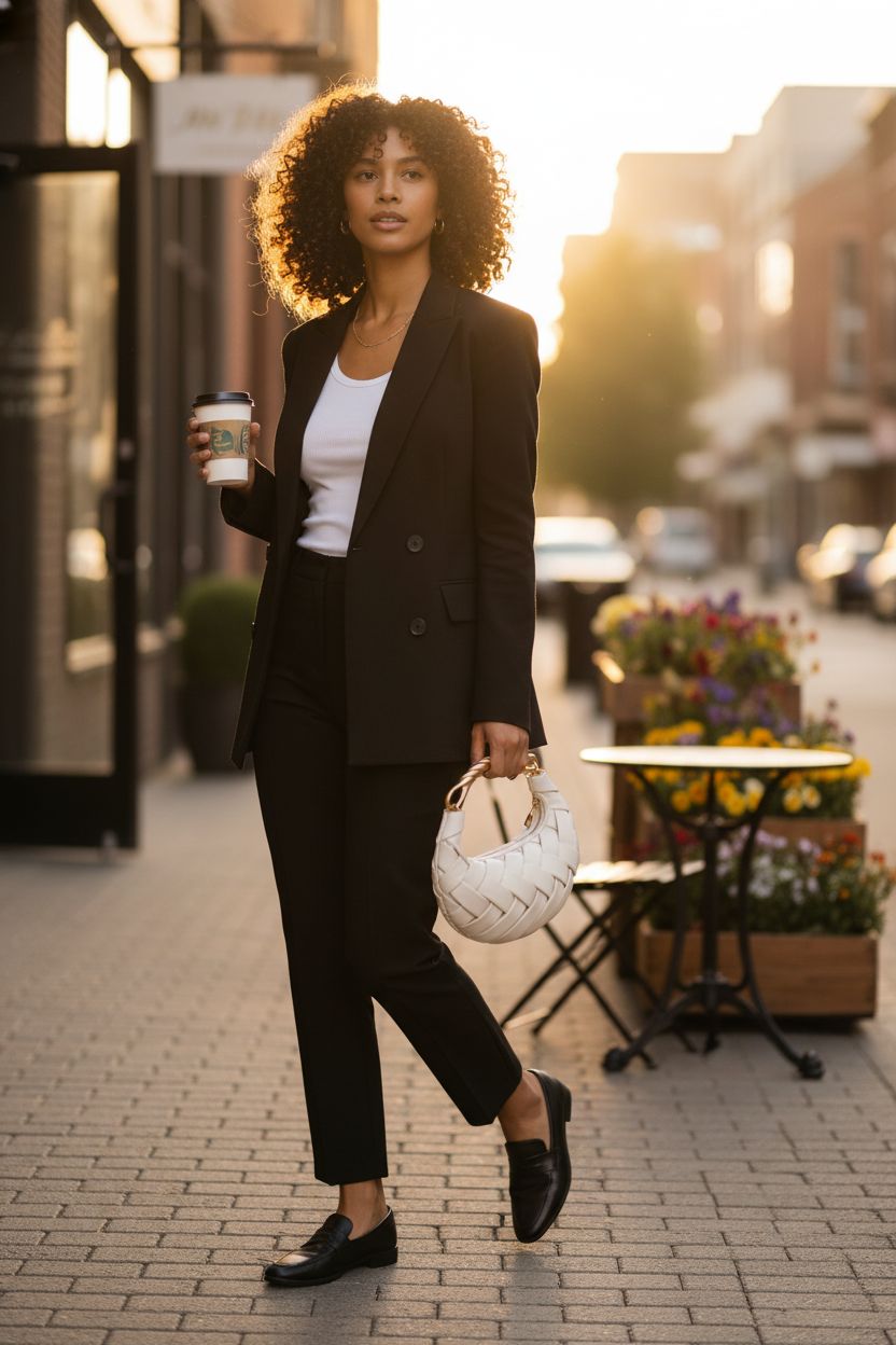 JW PEI Orla Weave Handbag in white glowing against a charming café backdrop.