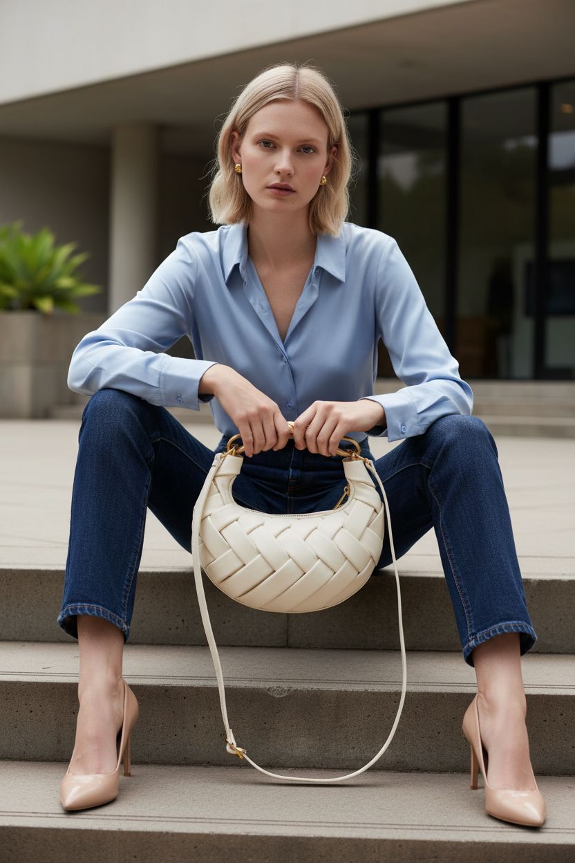 JW PEI Orla Weave Handbag showcased on steps of an art museum, highlighting its versatility.