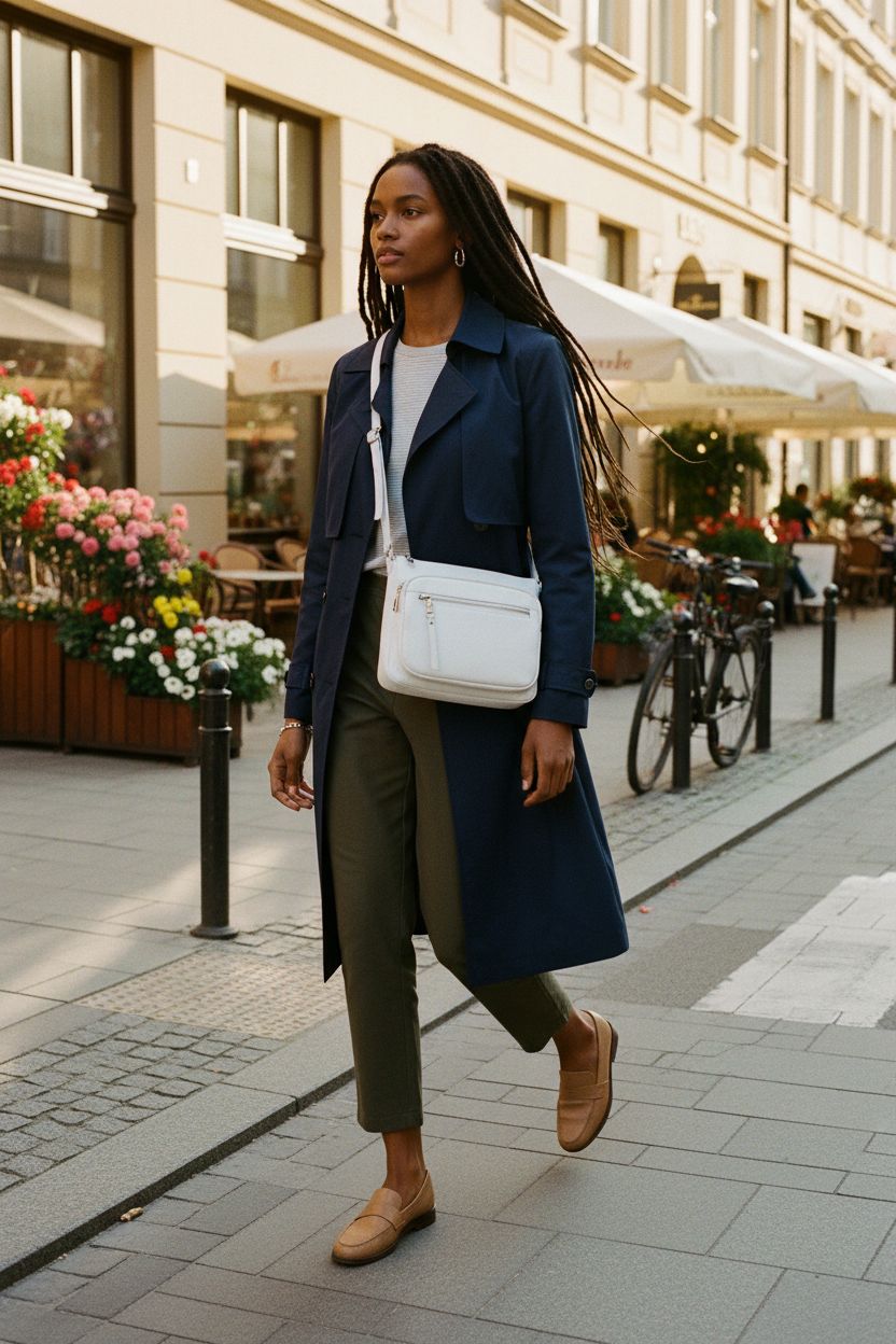 Befen white leather crossbody purse worn hands-free, perfect for city strolls and casual outings