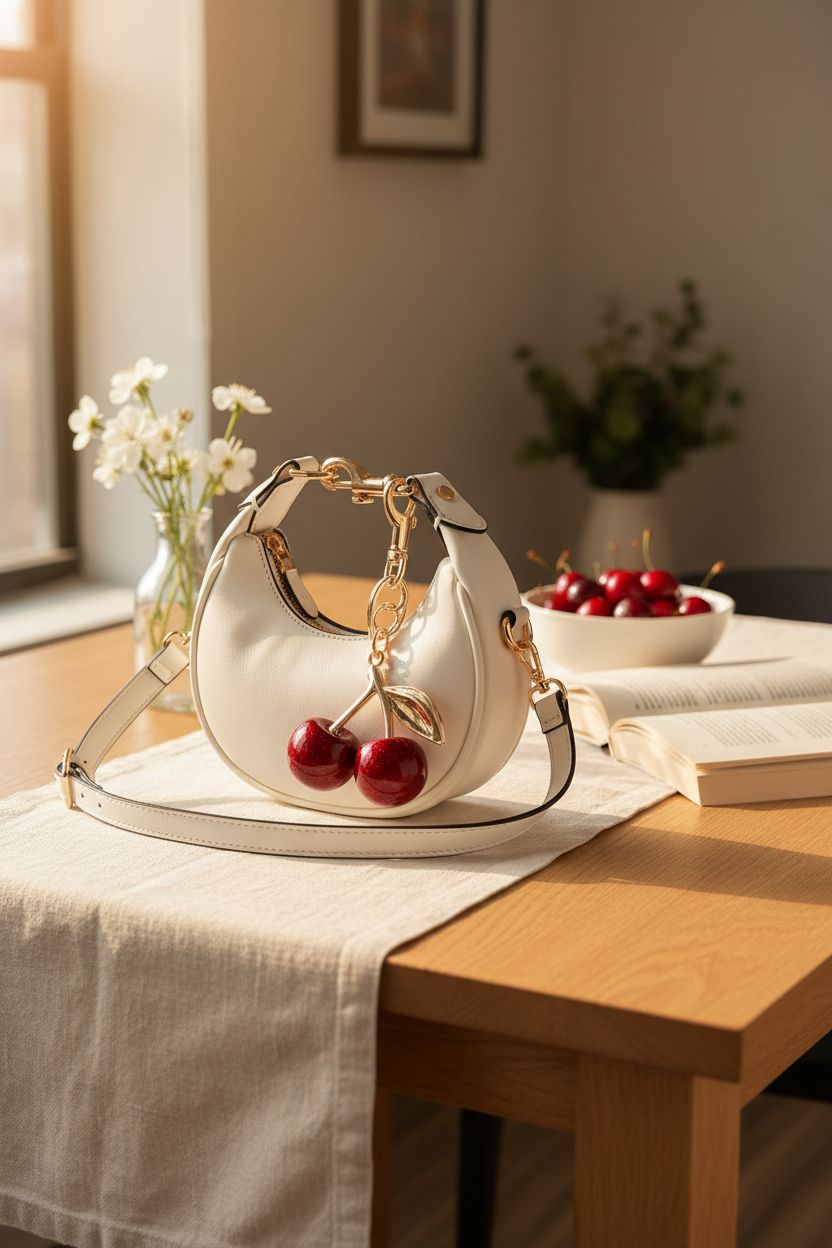 JQWSVE white crescent mini bag on a cozy breakfast table with fresh cherries and flowers.