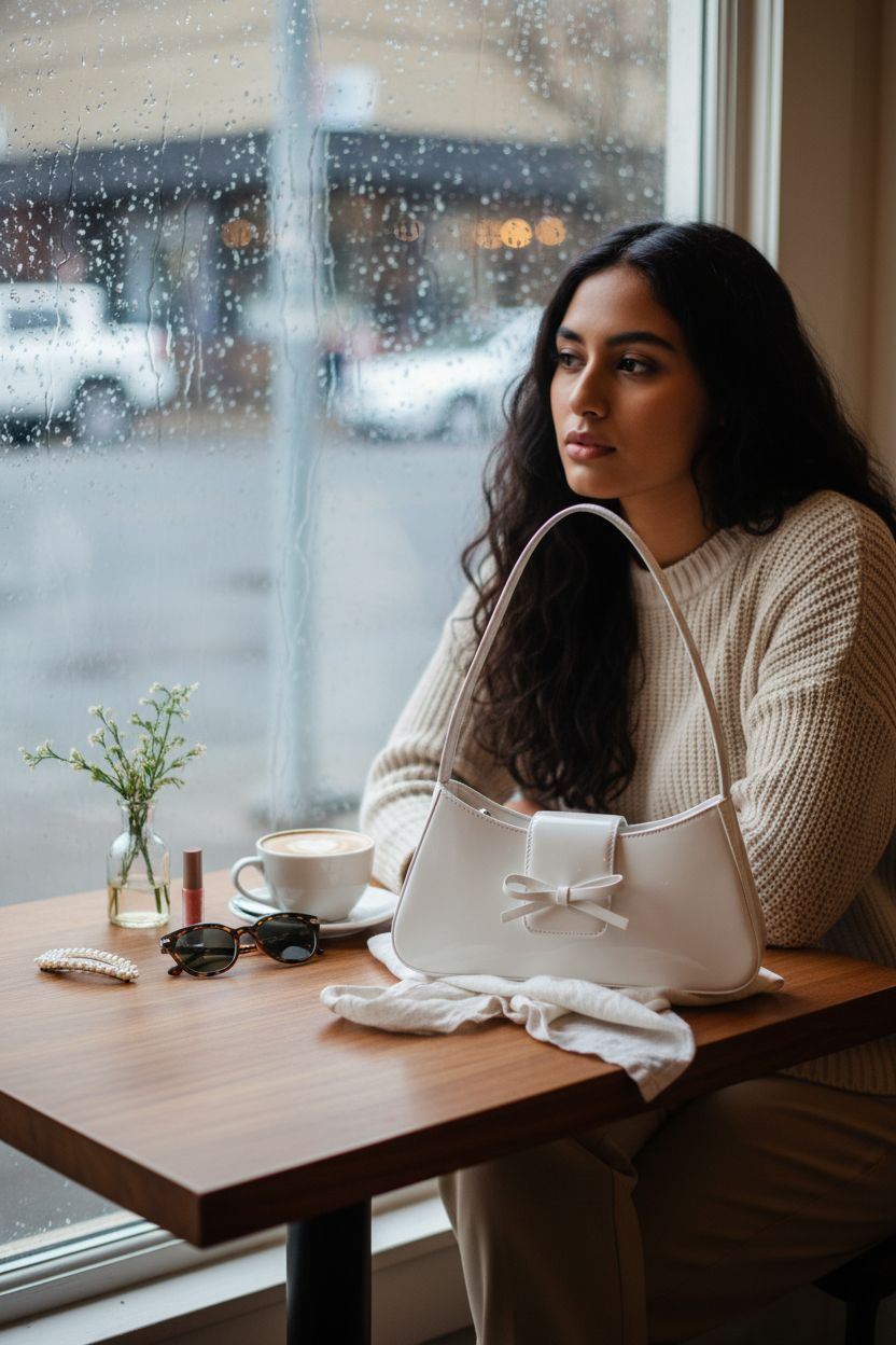 Elegant white hobo handbag beside a cappuccino in a cozy café, highlighting its stylish appeal by Amszke.