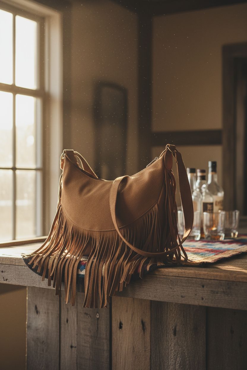 Close-up of GLITZALL Fringe Purse highlighting the vegan suede texture and fringe