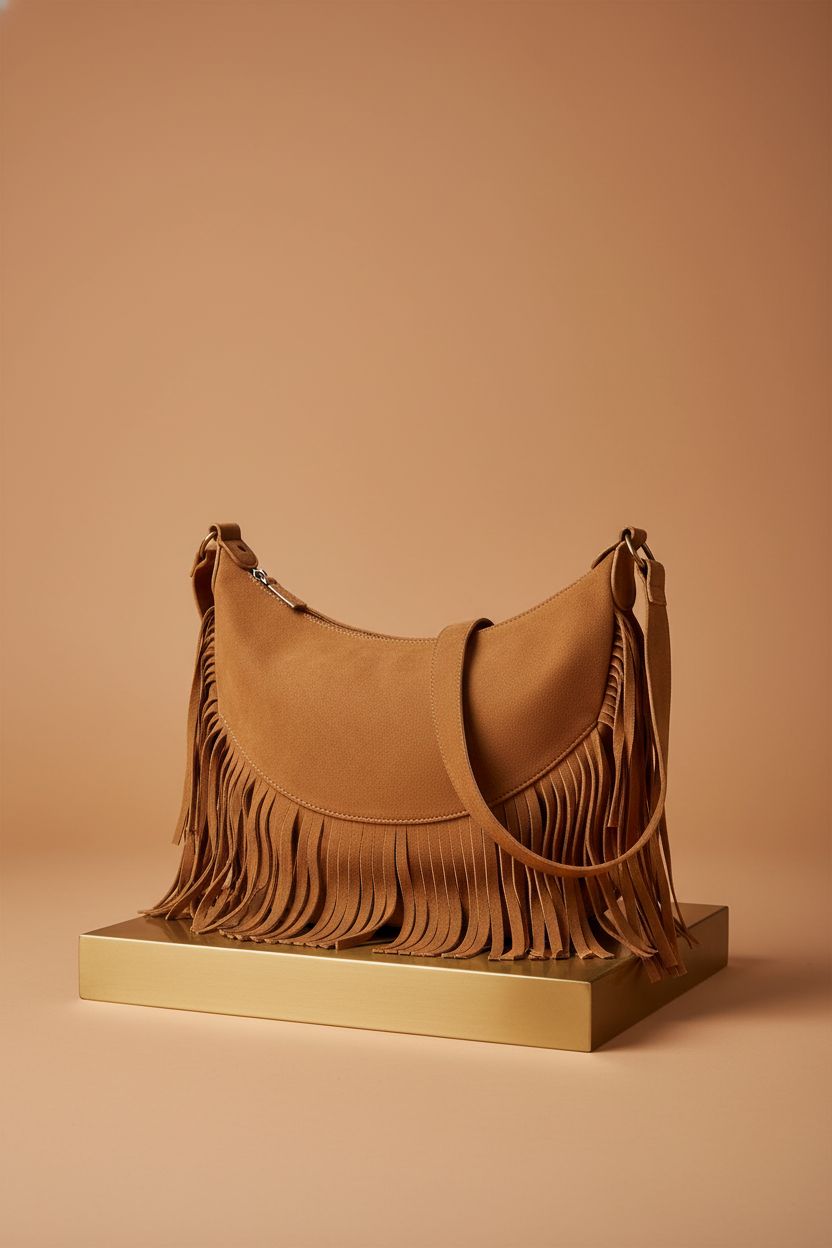 GLITZALL Vegan Suede Fringe Purse displayed on a minimal backdrop