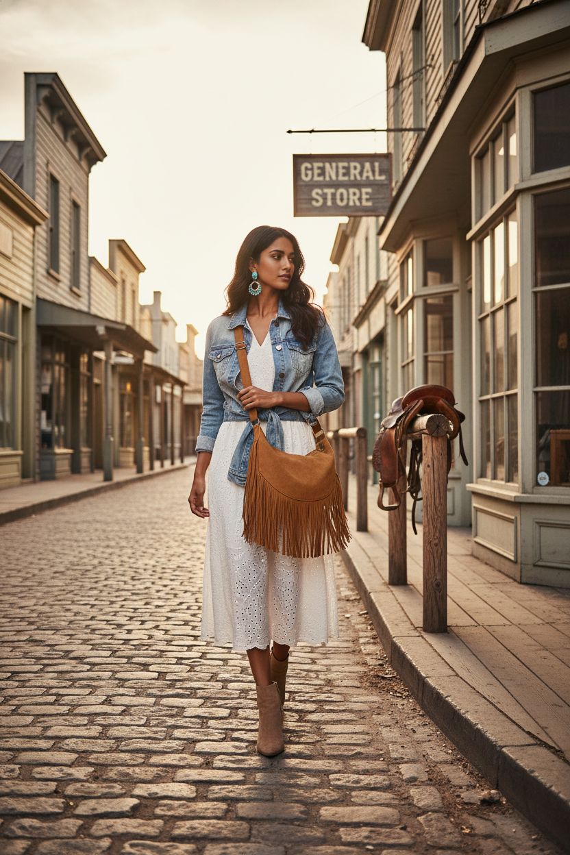 GLITZALL Boho Fringe Purse in tan vegan suede against a Wild West backdrop