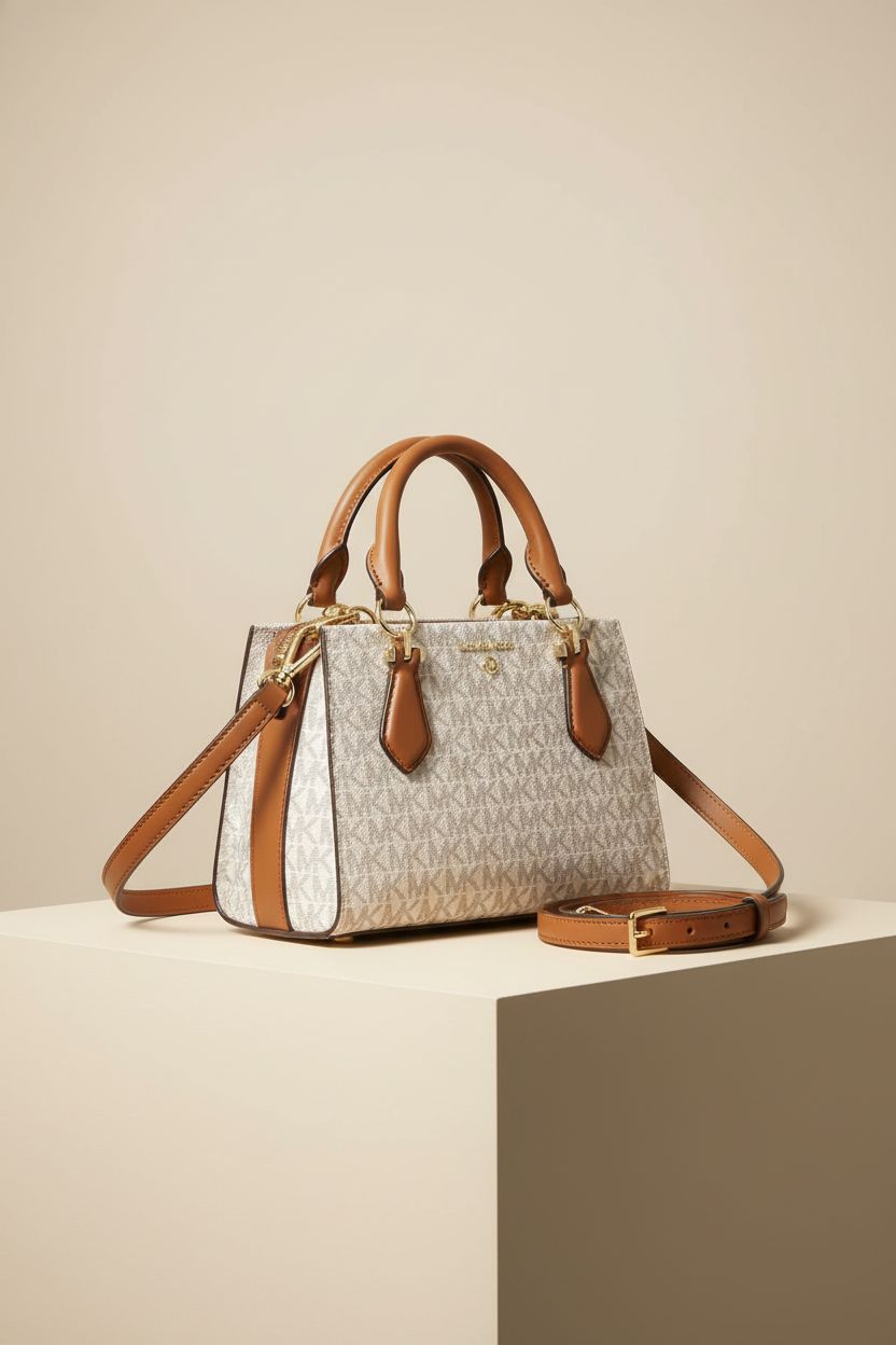 Michael Kors Marilyn Small Crossbody Bag in Vanilla and Acorn, highlighting its elegant design.