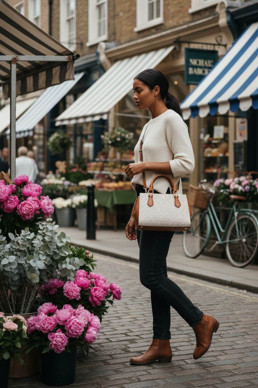 Michael Kors Marilyn Small Crossbody Bag in Vanilla and Acorn, styled in a flower market.
