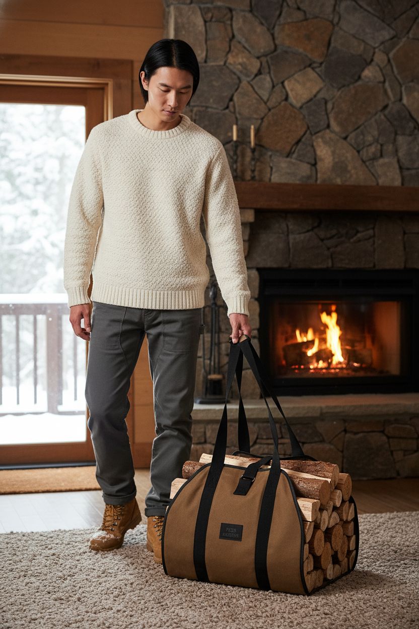FEED GARDEN heavy duty wood bag beside a glowing stone fireplace, showcasing its waxed canvas material