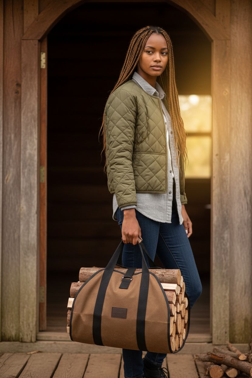 FEED GARDEN log carrier bag being carried from a snowy porch, highlighting its durability and design