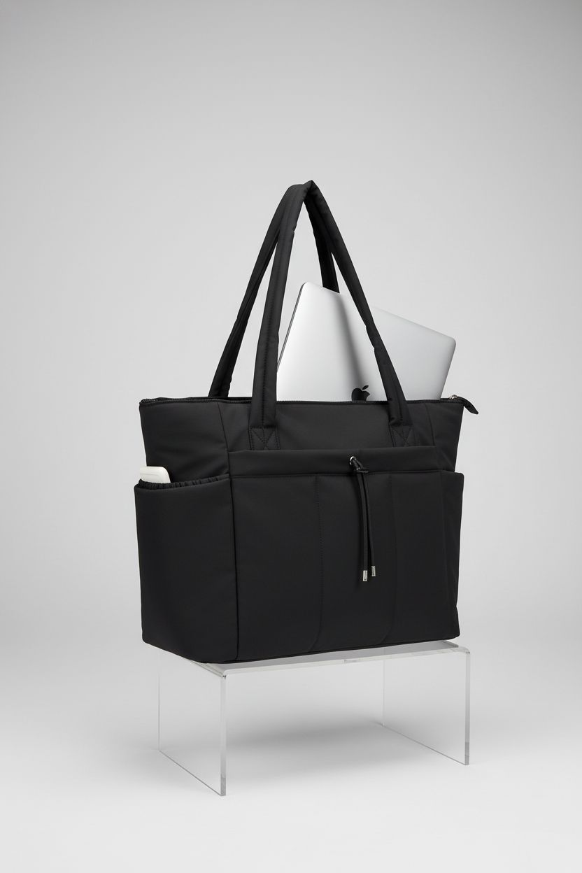 Wandering Nature Puffer Tote Bag showcasing laptop compartment and quality stitching