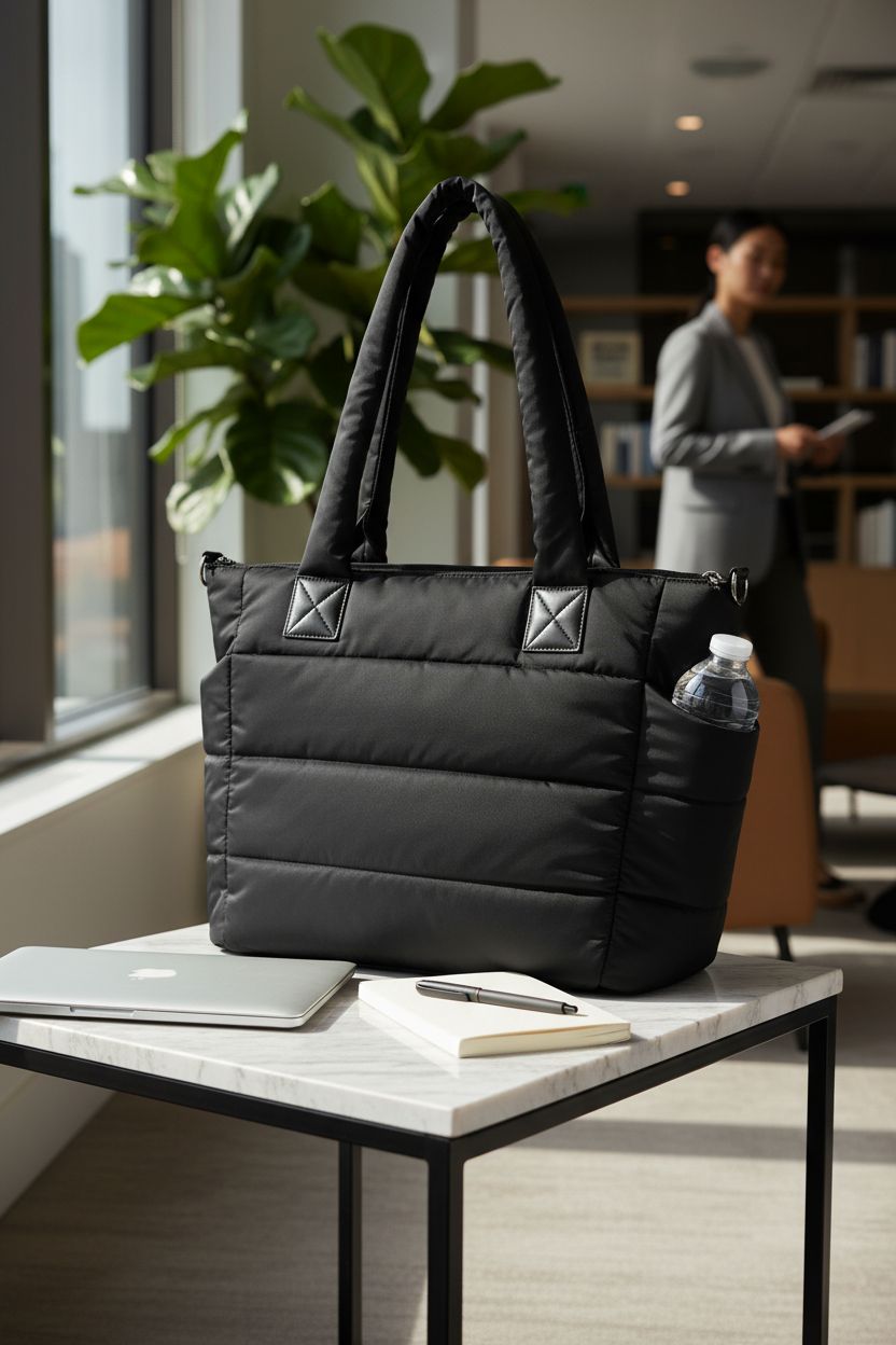 GASSDA black puffer tote bag on marble side table in office lounge, highlighting its sleek design and texture.