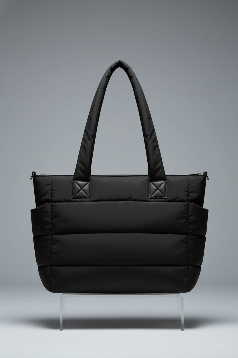 GASSDA black puffer tote bag displayed on gray background, showcasing its quilting and structured silhouette.